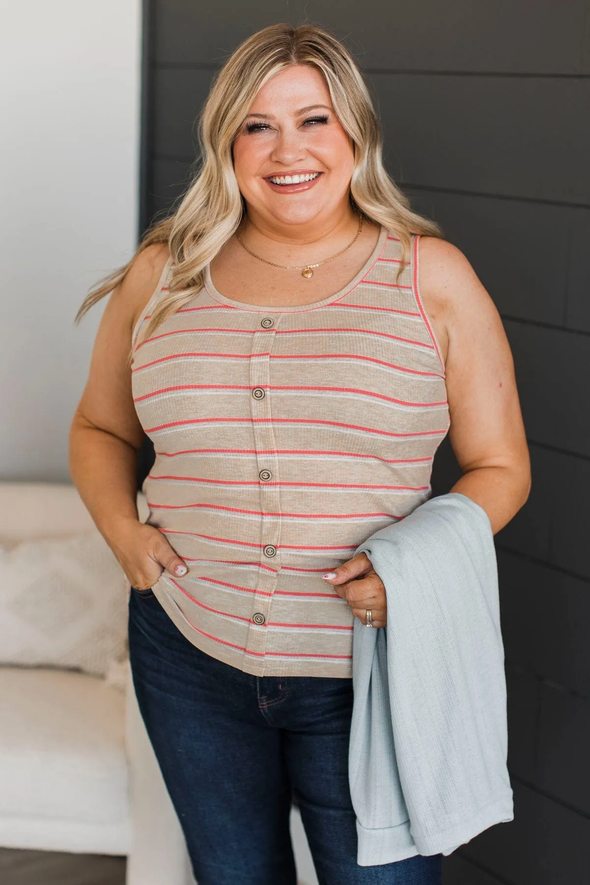 Never Anyone Else Striped Tank Top- Oatmeal & Coral