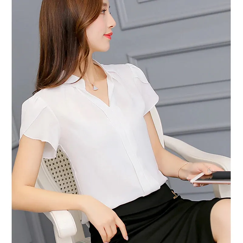 New 2023 Lace Up Bow Tie Shirt Summer Short Sleeve Solid Chiffon Casual Blouse Elegant Office Lady Blusas Woman Tops Blouse