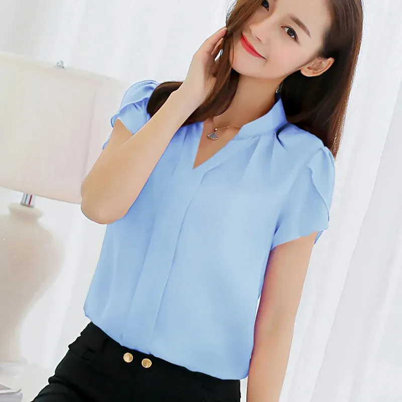New 2023 Lace Up Bow Tie Shirt Summer Short Sleeve Solid Chiffon Casual Blouse Elegant Office Lady Blusas Woman Tops Blouse