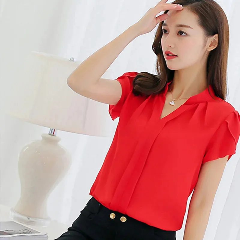 New 2023 Lace Up Bow Tie Shirt Summer Short Sleeve Solid Chiffon Casual Blouse Elegant Office Lady Blusas Woman Tops Blouse