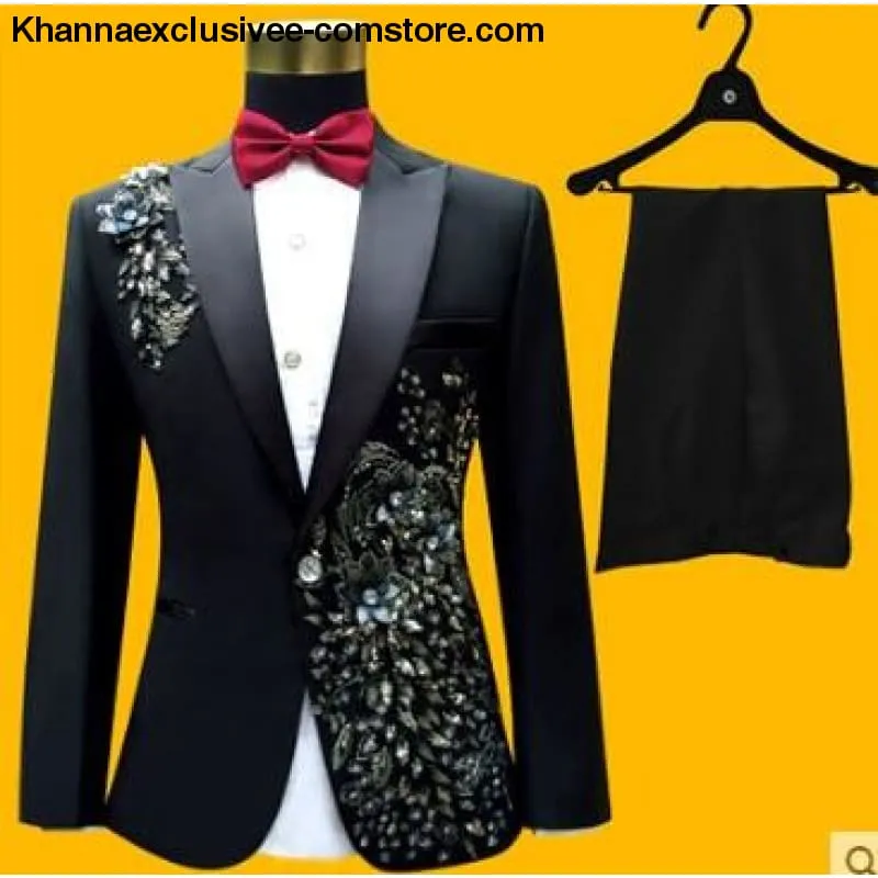 New (jacket pants bow tie) male suit set  crystals white stones formal groom party dress