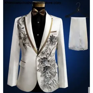 New (jacket pants bow tie) male suit set  crystals white stones formal groom party dress