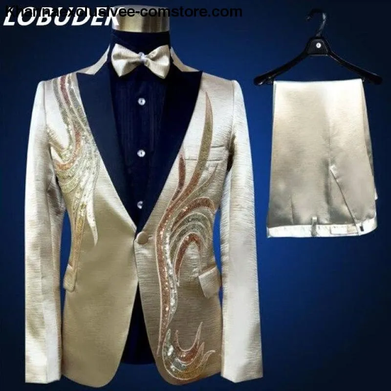New (jacket pants bow tie) male suit set  crystals white stones formal groom party dress