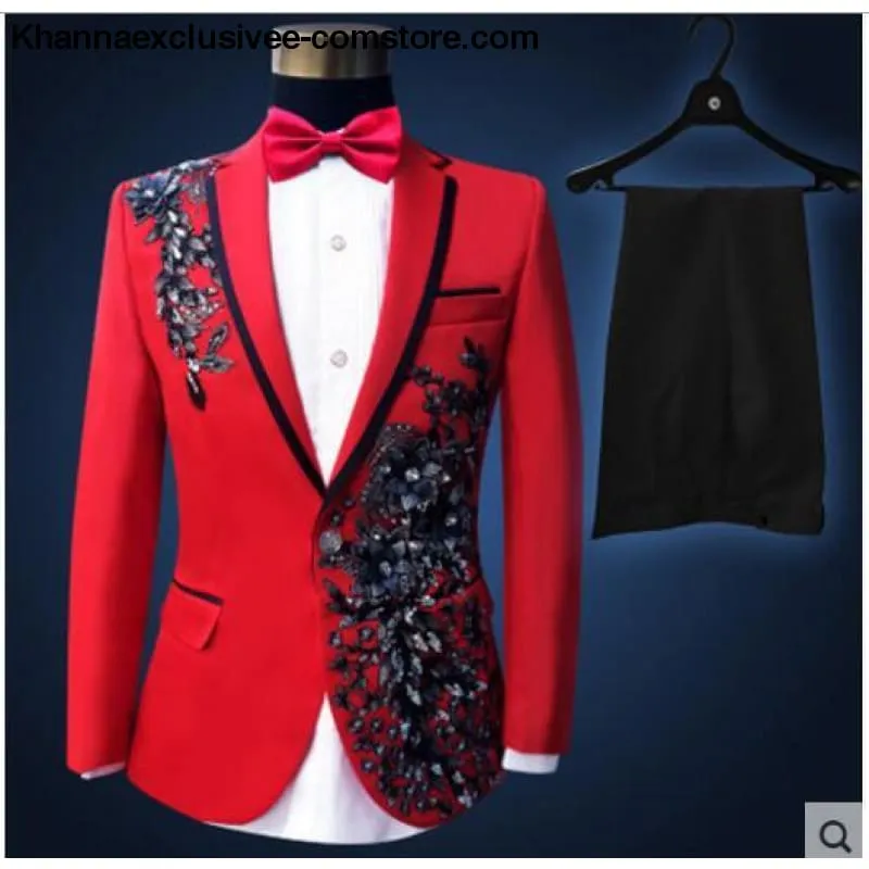 New (jacket pants bow tie) male suit set  crystals white stones formal groom party dress