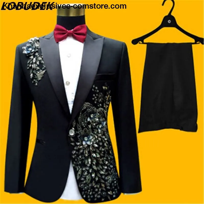 New (jacket pants bow tie) male suit set  crystals white stones formal groom party dress