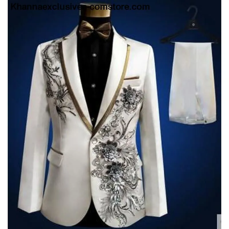 New (jacket pants bow tie) male suit set  crystals white stones formal groom party dress