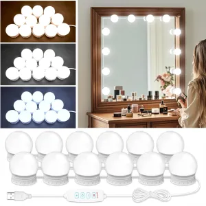 New LED Vanity Mirror Lights with 12 Stick On Dimmable Bulbs, 3000K 4500K 6500K & 10 Brightness Levels Adjustable, Plug in USB Cable, Hollywood Style Mirror Lights for Makeup Desk Bathroom Dressing Room