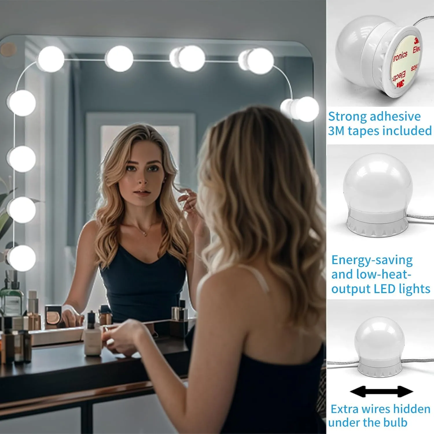 New LED Vanity Mirror Lights with 12 Stick On Dimmable Bulbs, 3000K 4500K 6500K & 10 Brightness Levels Adjustable, Plug in USB Cable, Hollywood Style Mirror Lights for Makeup Desk Bathroom Dressing Room