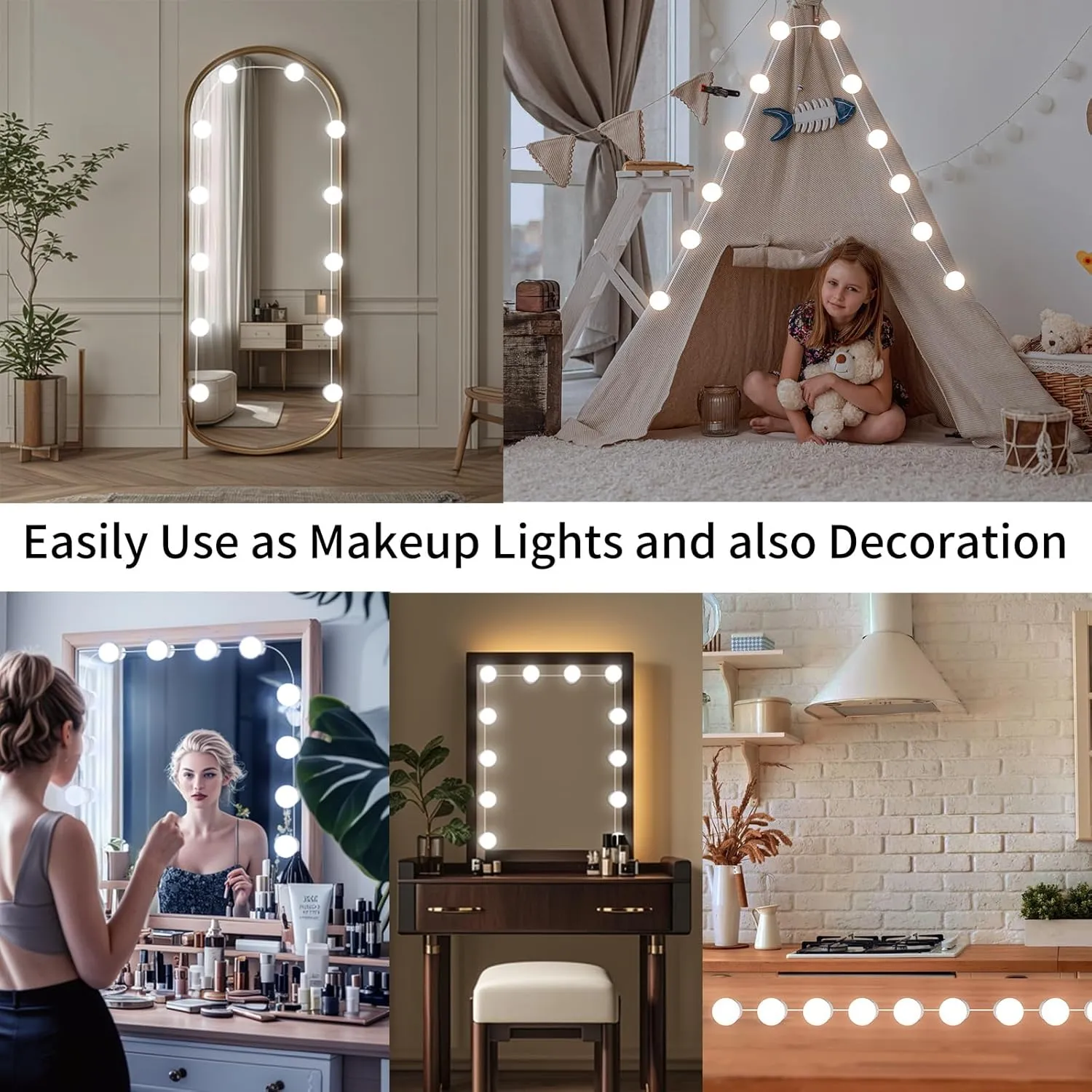 New LED Vanity Mirror Lights with 12 Stick On Dimmable Bulbs, 3000K 4500K 6500K & 10 Brightness Levels Adjustable, Plug in USB Cable, Hollywood Style Mirror Lights for Makeup Desk Bathroom Dressing Room