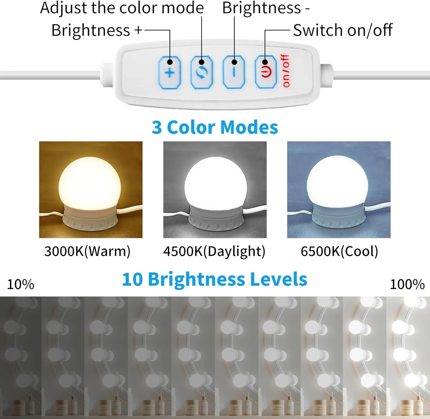New LED Vanity Mirror Lights with 12 Stick On Dimmable Bulbs, 3000K 4500K 6500K & 10 Brightness Levels Adjustable, Plug in USB Cable, Hollywood Style Mirror Lights for Makeup Desk Bathroom Dressing Room