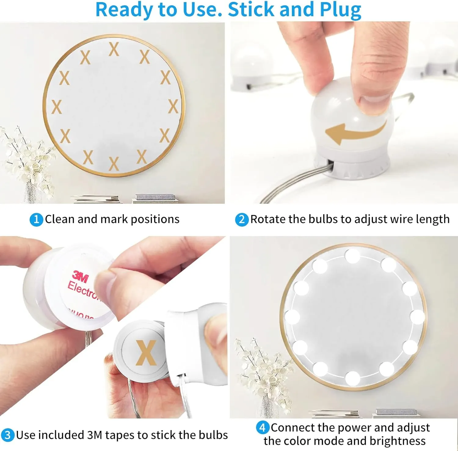 New LED Vanity Mirror Lights with 12 Stick On Dimmable Bulbs, 3000K 4500K 6500K & 10 Brightness Levels Adjustable, Plug in USB Cable, Hollywood Style Mirror Lights for Makeup Desk Bathroom Dressing Room