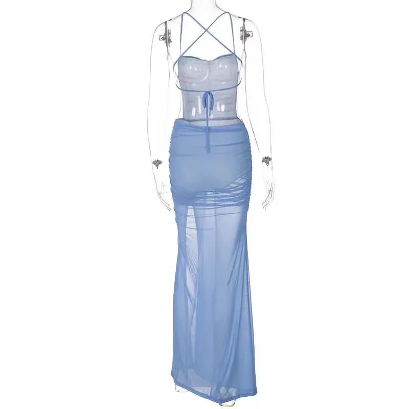 New Mesh See-Through Dress with Inner Sexy Backless Maxi Bodycon Party Dress Summer Beachwear Dresses