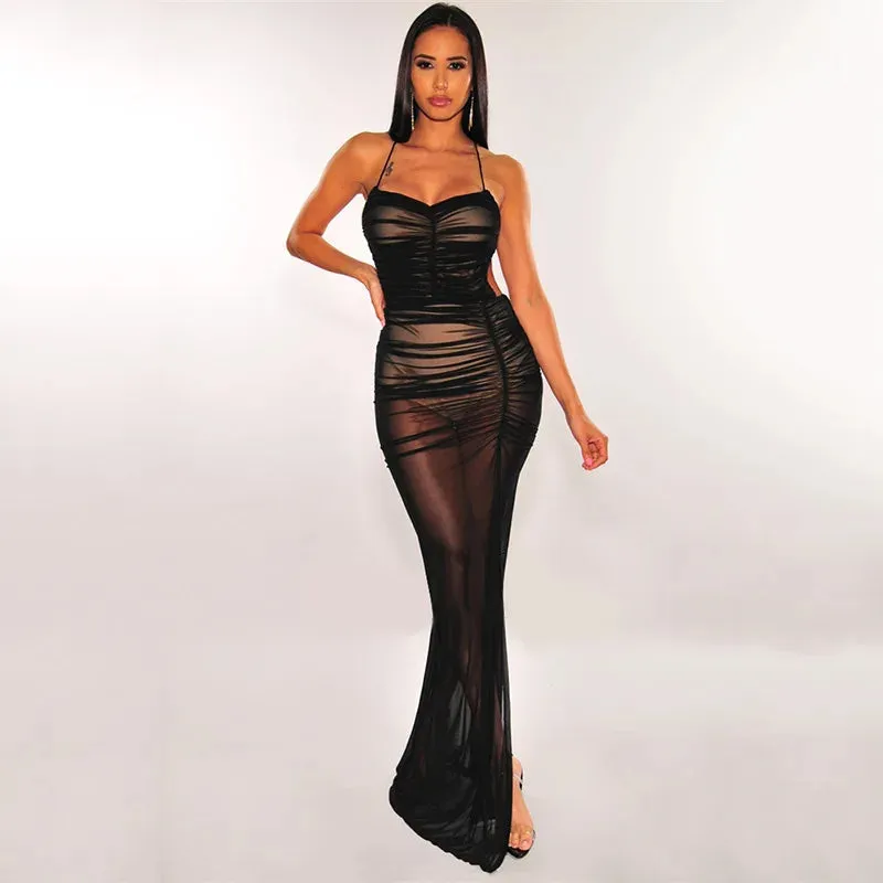 New Mesh See-Through Dress with Inner Sexy Backless Maxi Bodycon Party Dress Summer Beachwear Dresses