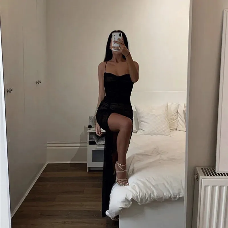New Mesh See-Through Dress with Inner Sexy Backless Maxi Bodycon Party Dress Summer Beachwear Dresses