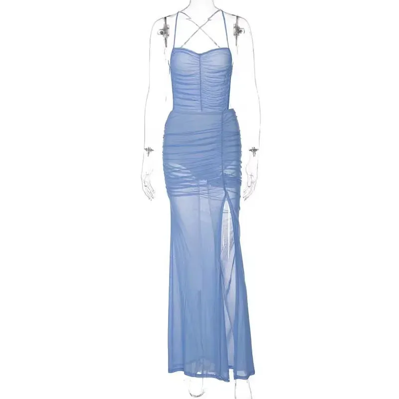 New Mesh See-Through Dress with Inner Sexy Backless Maxi Bodycon Party Dress Summer Beachwear Dresses