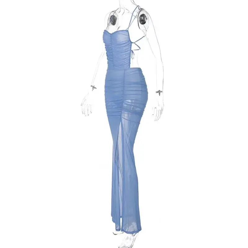New Mesh See-Through Dress with Inner Sexy Backless Maxi Bodycon Party Dress Summer Beachwear Dresses