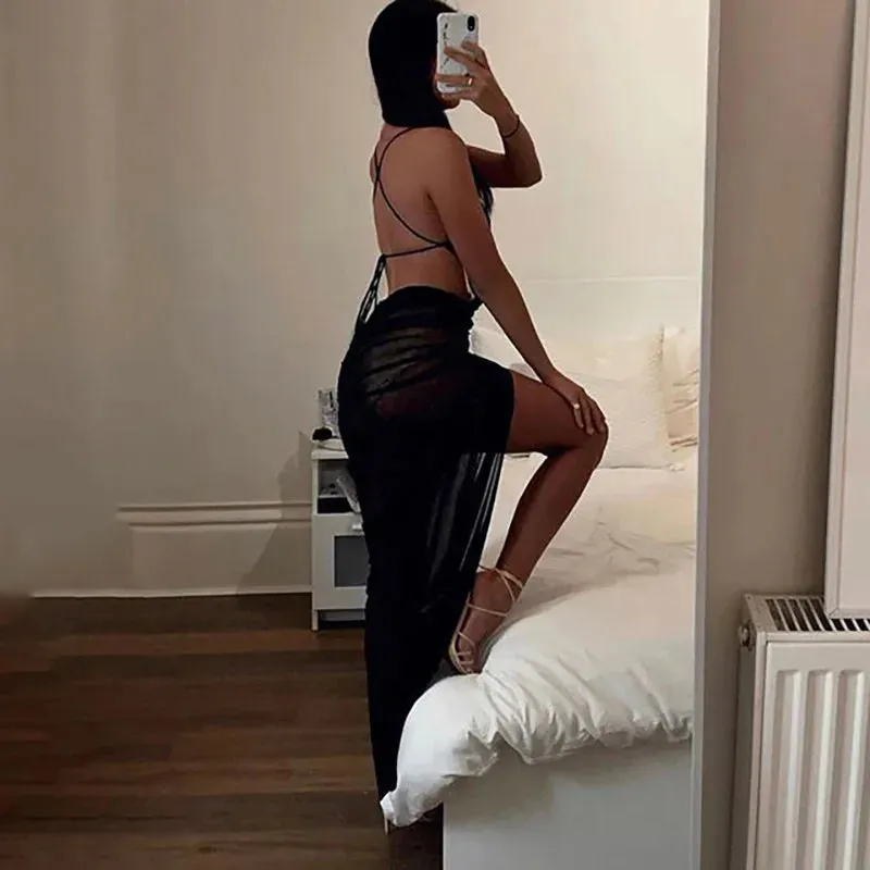 New Mesh See-Through Dress with Inner Sexy Backless Maxi Bodycon Party Dress Summer Beachwear Dresses