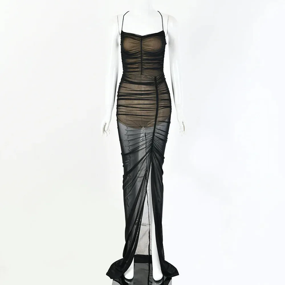 New Mesh See-Through Dress with Inner Sexy Backless Maxi Bodycon Party Dress Summer Beachwear Dresses