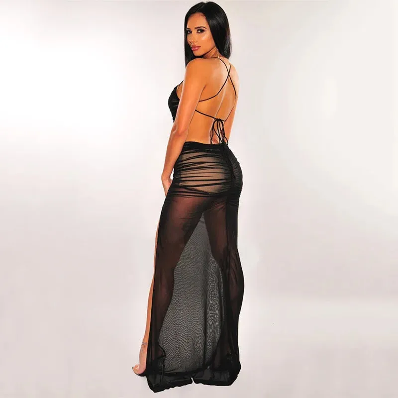 New Mesh See-Through Dress with Inner Sexy Backless Maxi Bodycon Party Dress Summer Beachwear Dresses