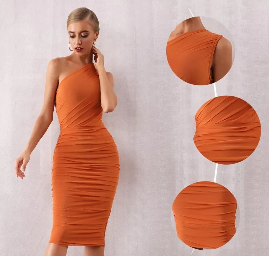 New Summer Women One Shoulder Celebrity Evening Party Bandage Dress Vestidos Sexy Khaki Sleeveless Bodycon Club Dress