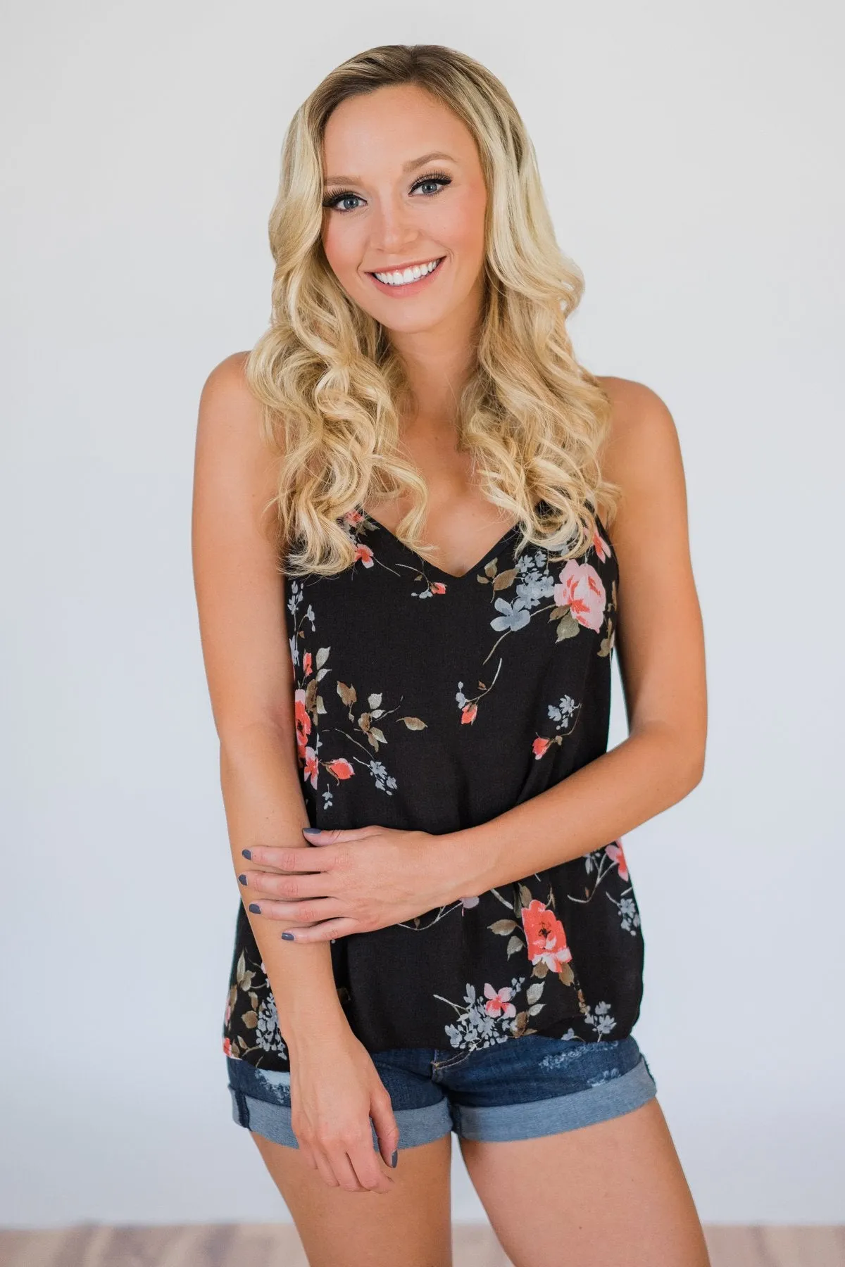 Night is Still Young Floral Racerback Tank Top- Black