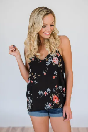 Night is Still Young Floral Racerback Tank Top- Black