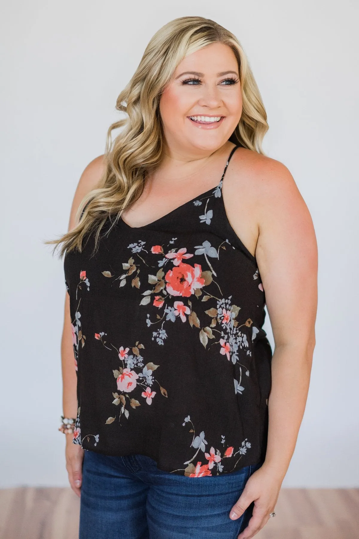 Night is Still Young Floral Racerback Tank Top- Black