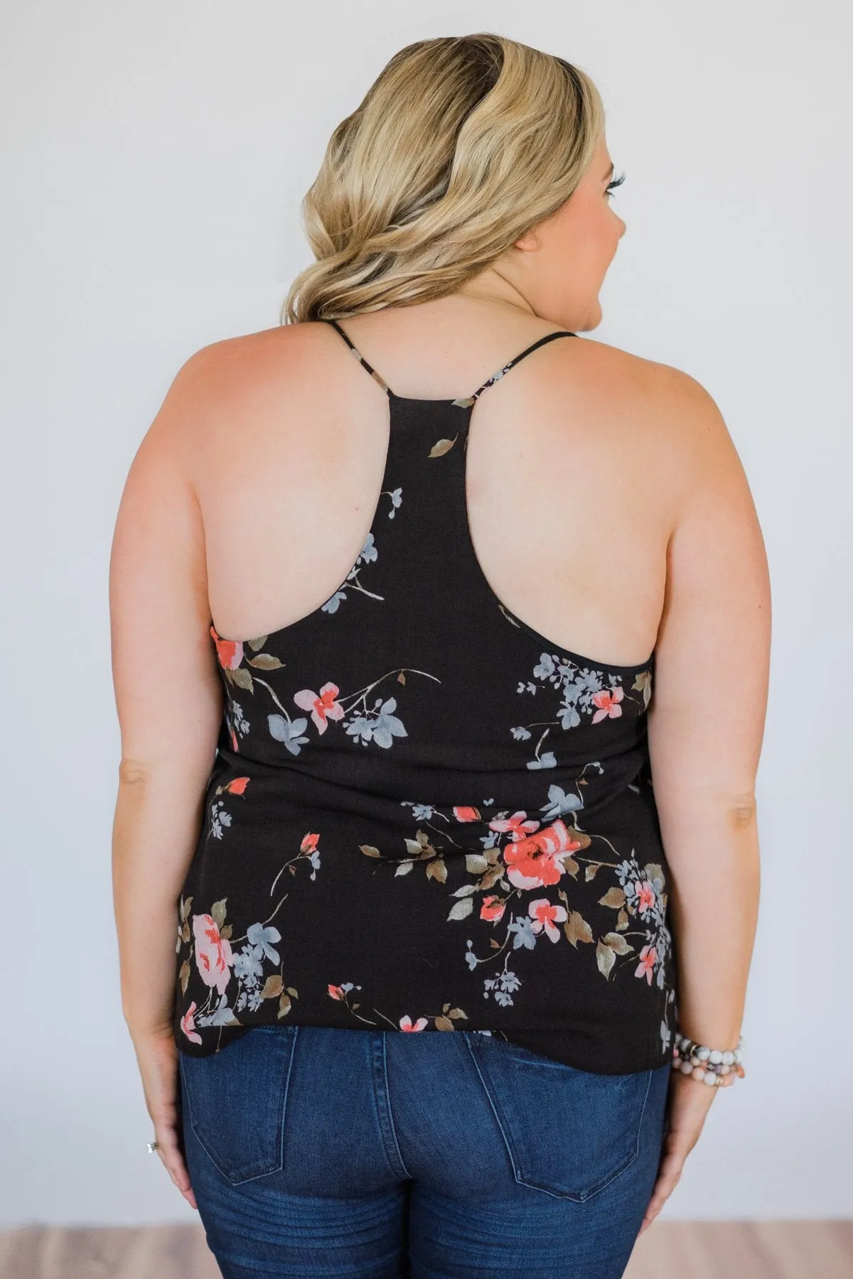 Night is Still Young Floral Racerback Tank Top- Black