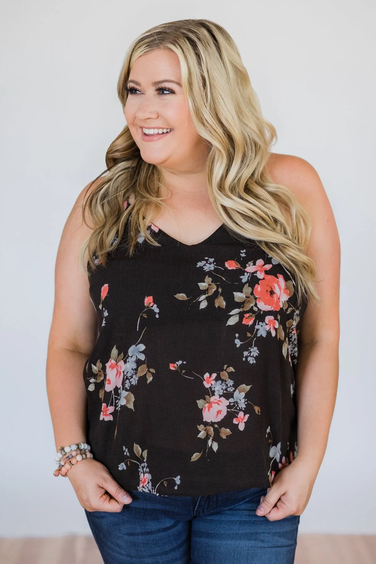 Night is Still Young Floral Racerback Tank Top- Black