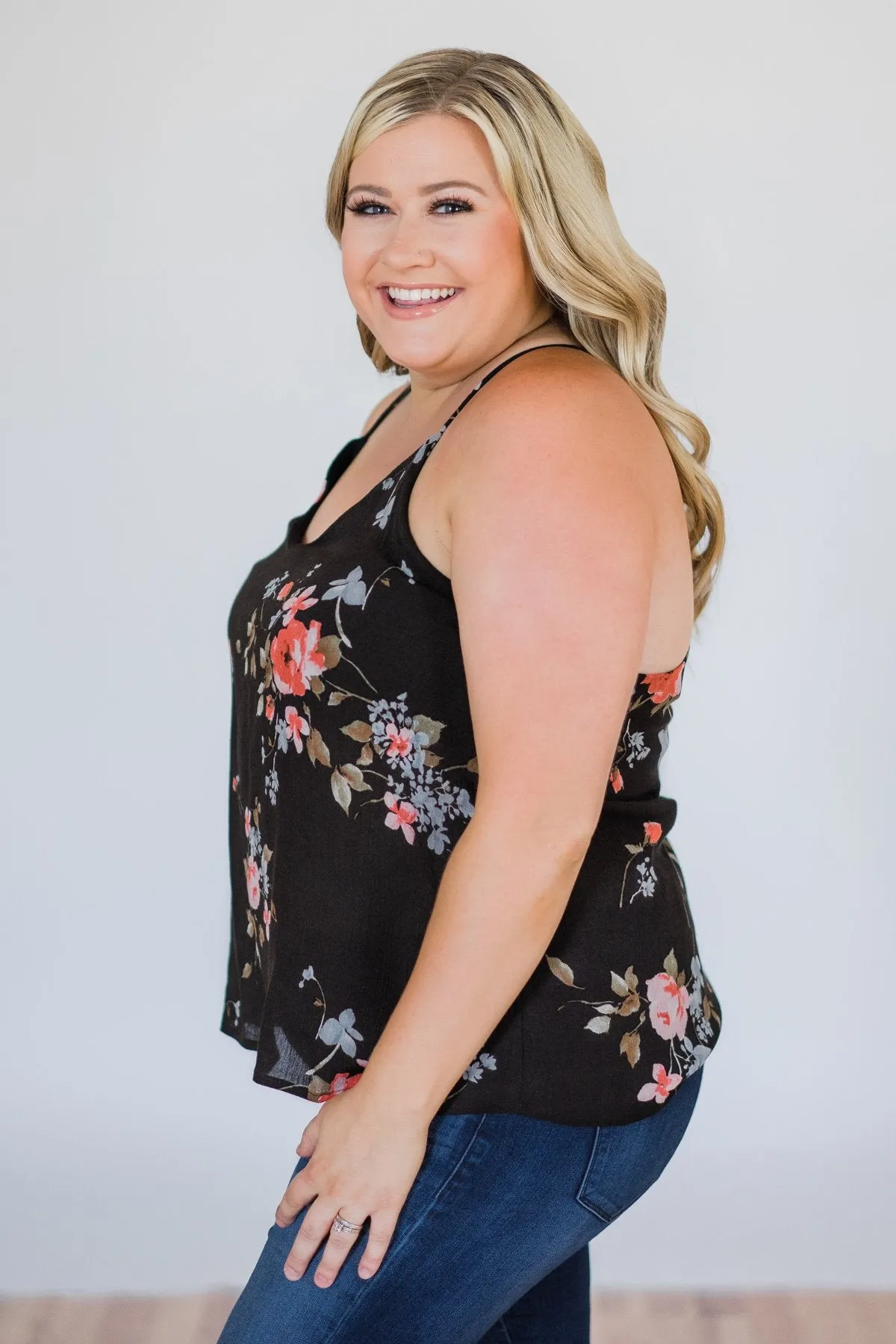 Night is Still Young Floral Racerback Tank Top- Black