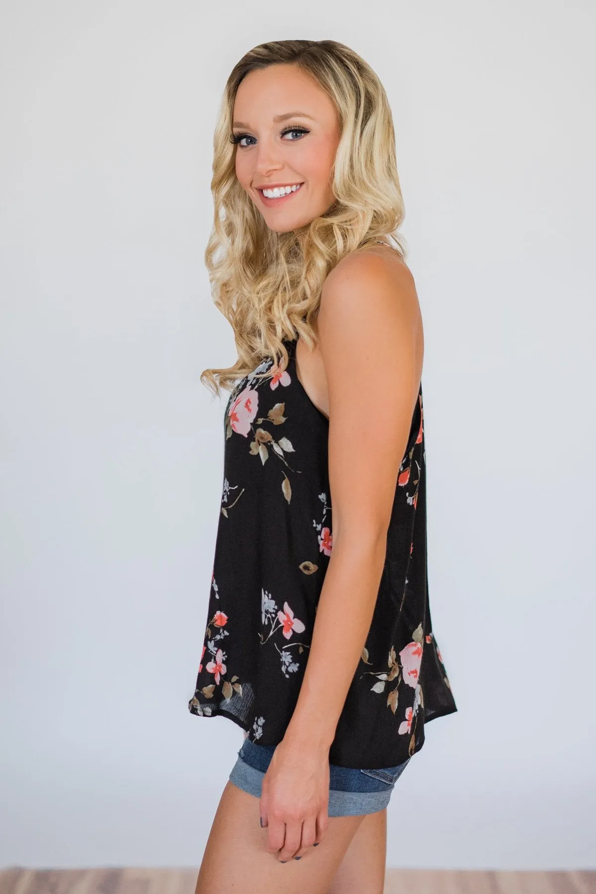 Night is Still Young Floral Racerback Tank Top- Black