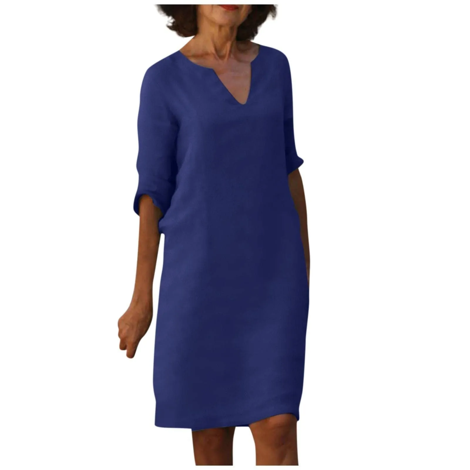 Nora || Cotton And Linen V-neck Dress Summer Stitching Retro High Waist Pure Color Dresses
