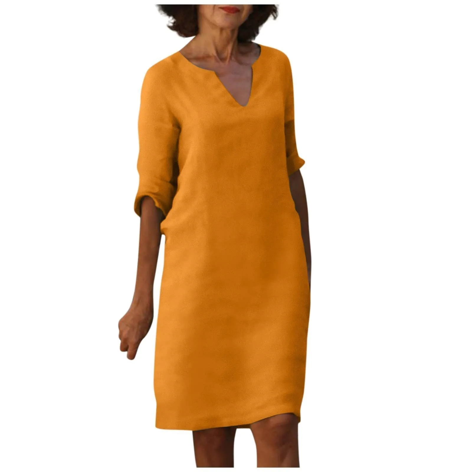Nora || Cotton And Linen V-neck Dress Summer Stitching Retro High Waist Pure Color Dresses