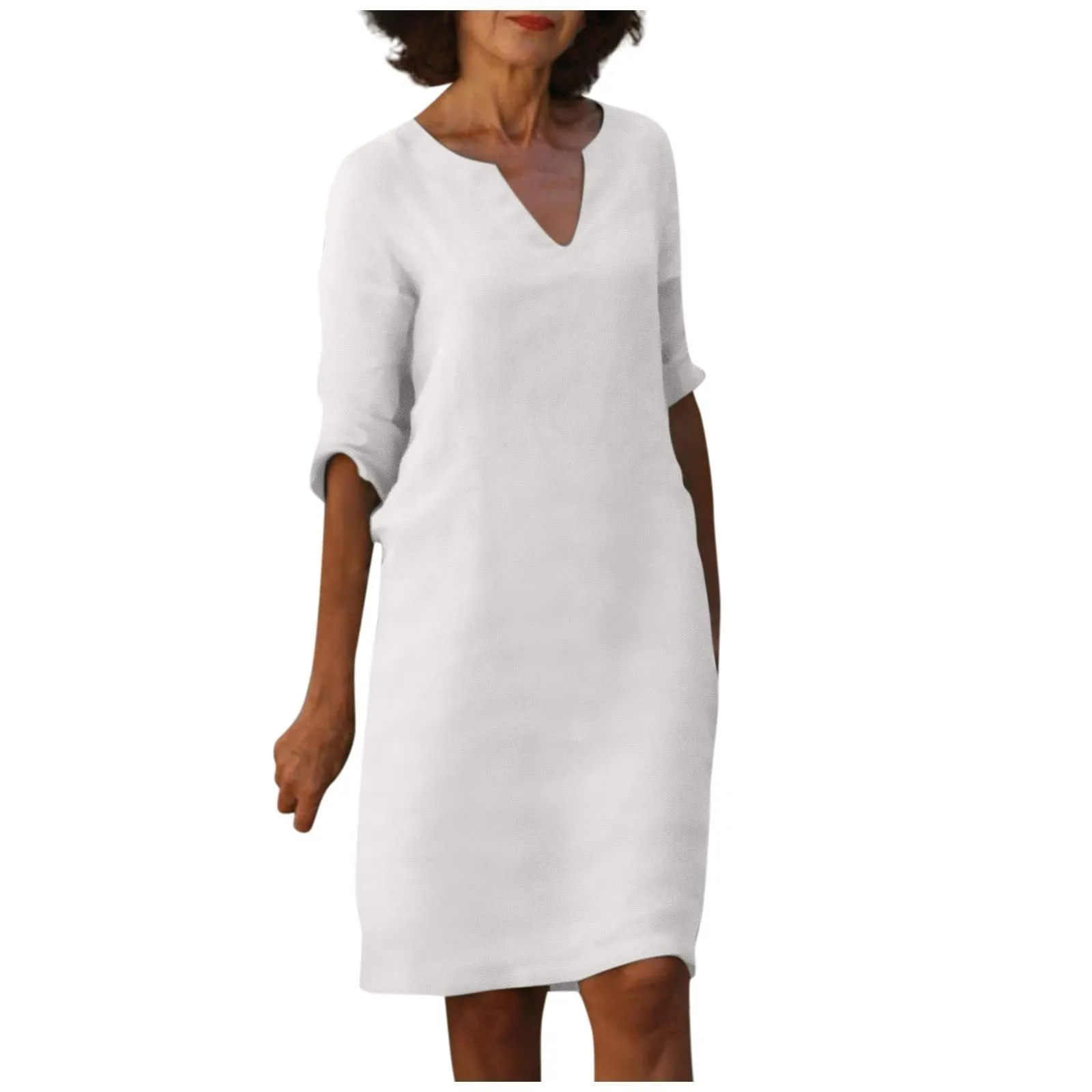 Nora || Cotton And Linen V-neck Dress Summer Stitching Retro High Waist Pure Color Dresses