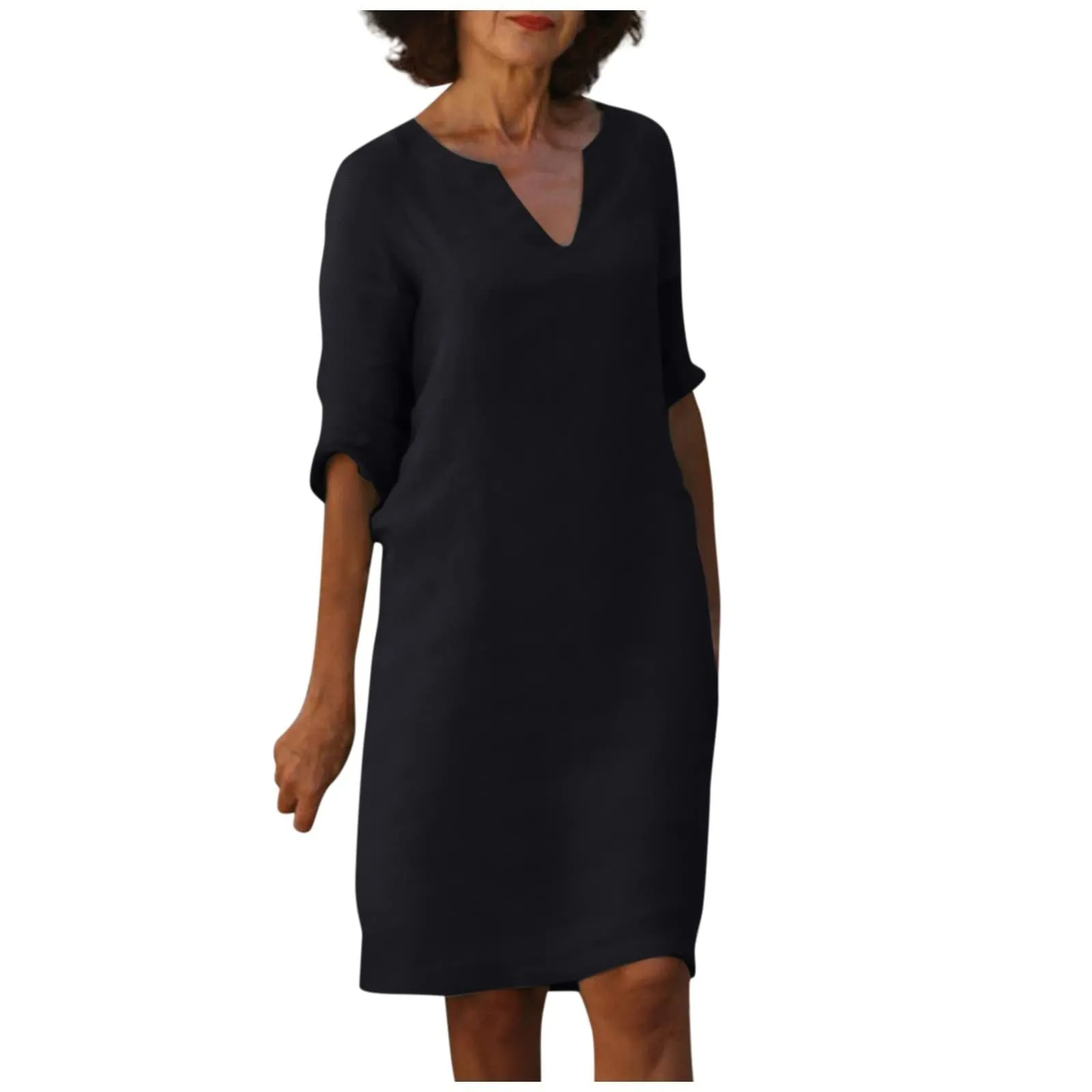 Nora || Cotton And Linen V-neck Dress Summer Stitching Retro High Waist Pure Color Dresses