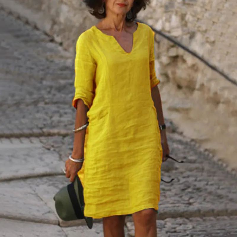 Nora || Cotton And Linen V-neck Dress Summer Stitching Retro High Waist Pure Color Dresses