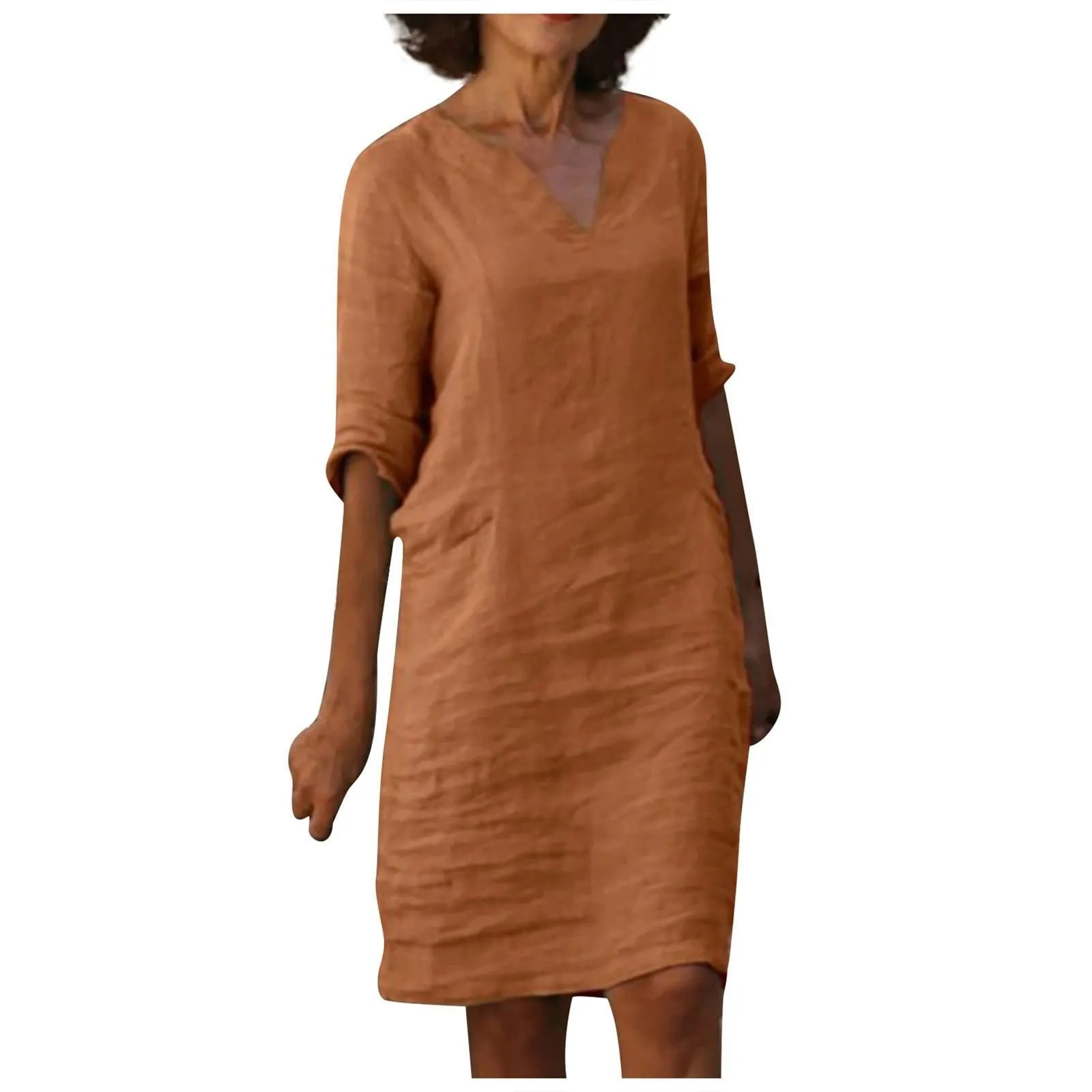 Nora || Cotton And Linen V-neck Dress Summer Stitching Retro High Waist Pure Color Dresses