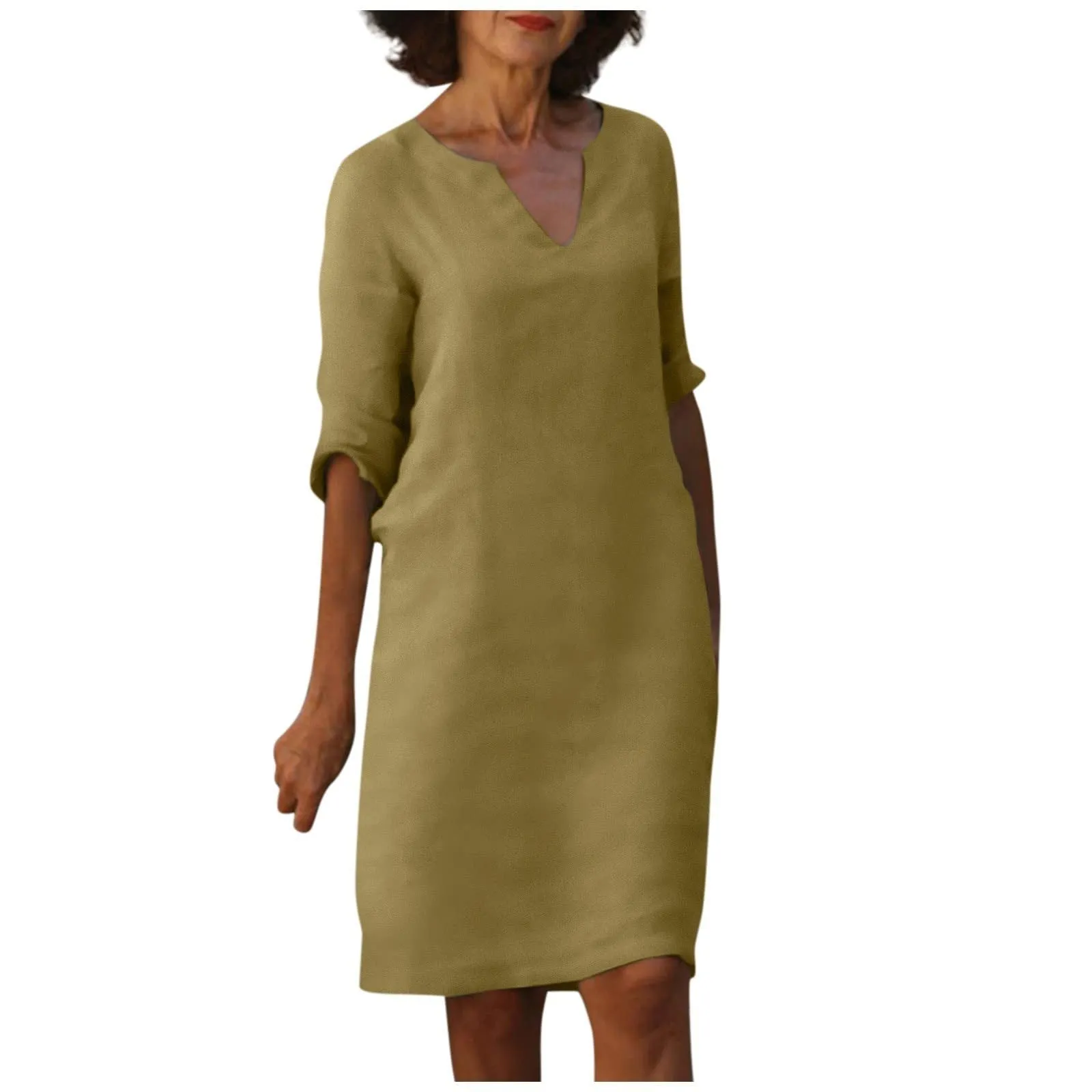 Nora || Cotton And Linen V-neck Dress Summer Stitching Retro High Waist Pure Color Dresses