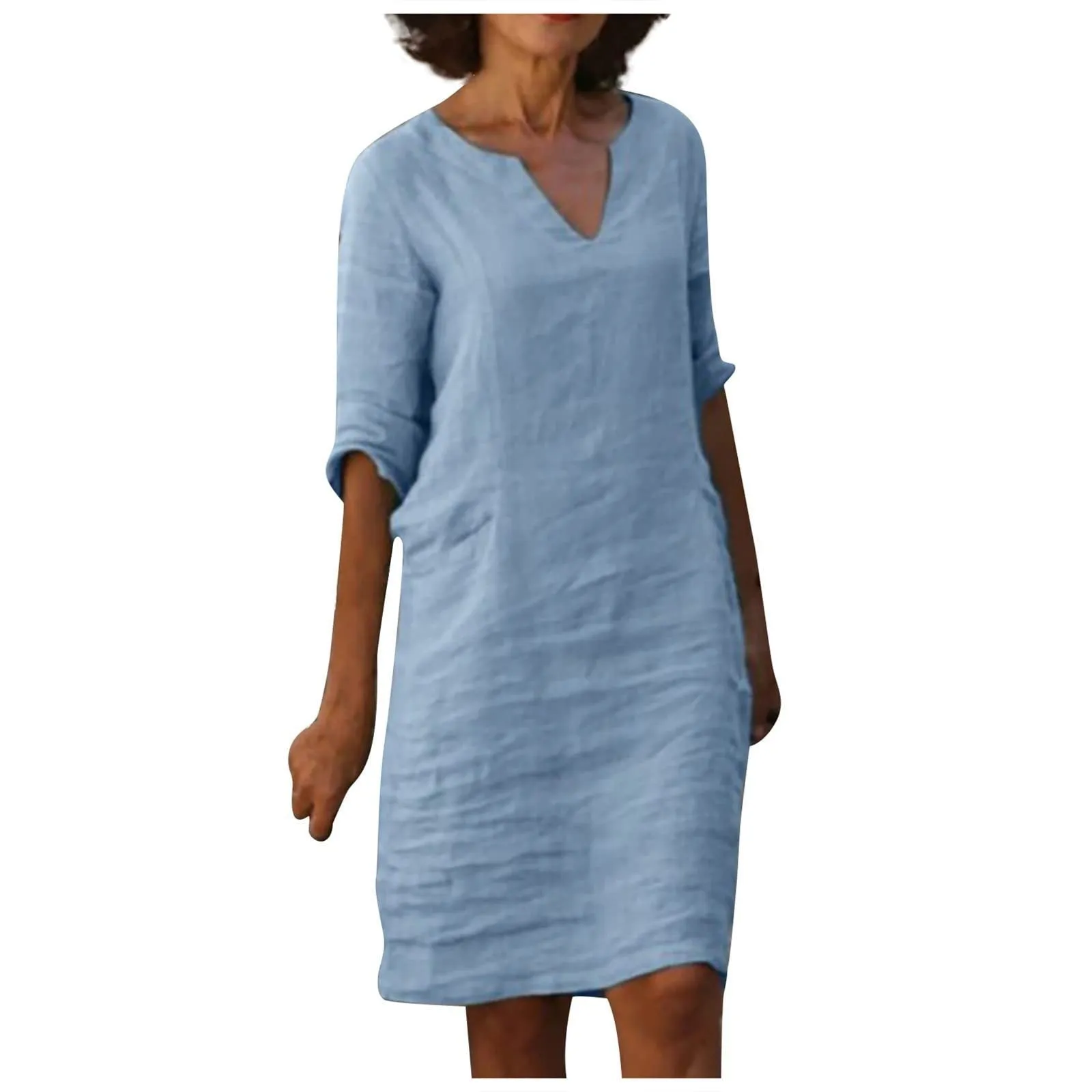 Nora || Cotton And Linen V-neck Dress Summer Stitching Retro High Waist Pure Color Dresses
