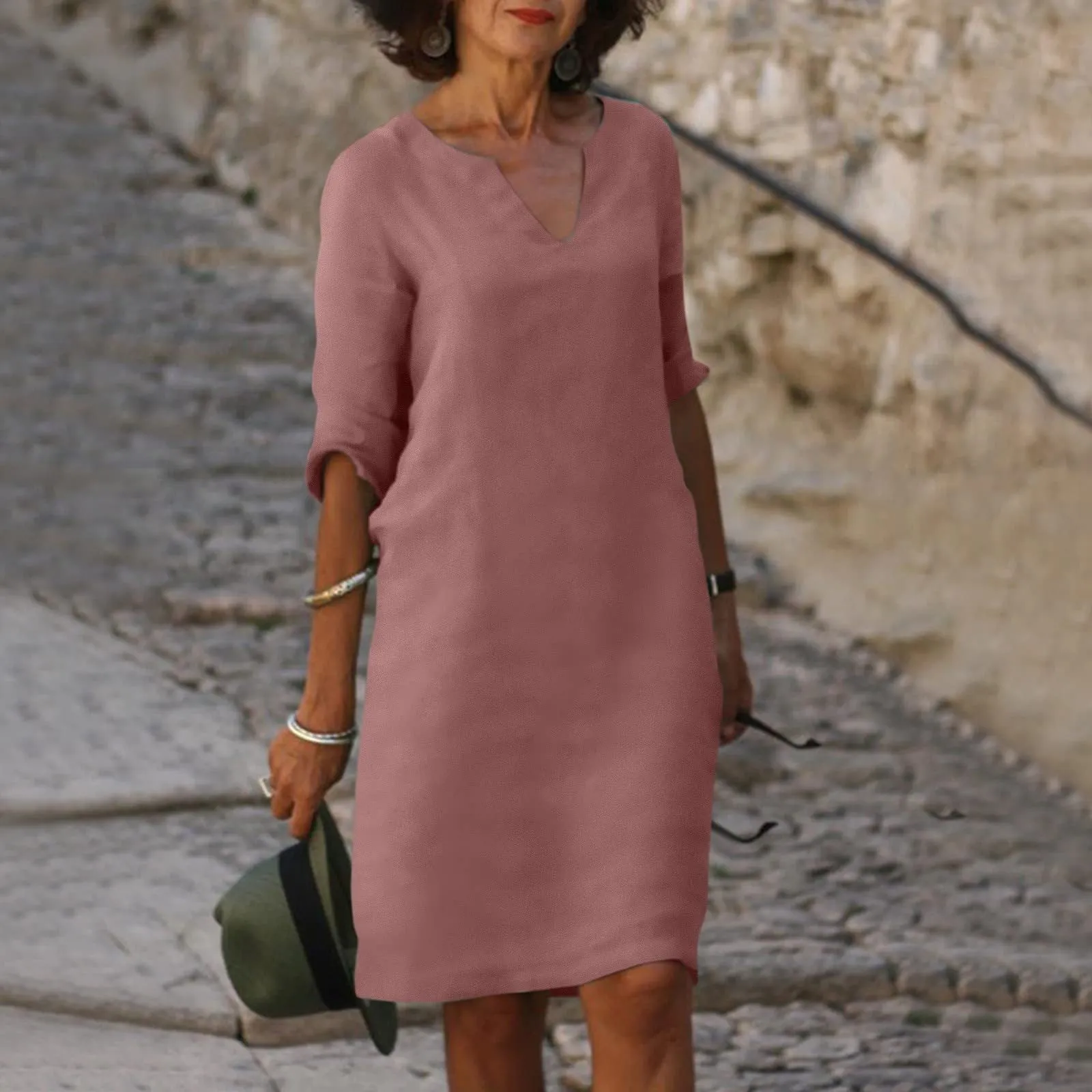 Nora || Cotton And Linen V-neck Dress Summer Stitching Retro High Waist Pure Color Dresses