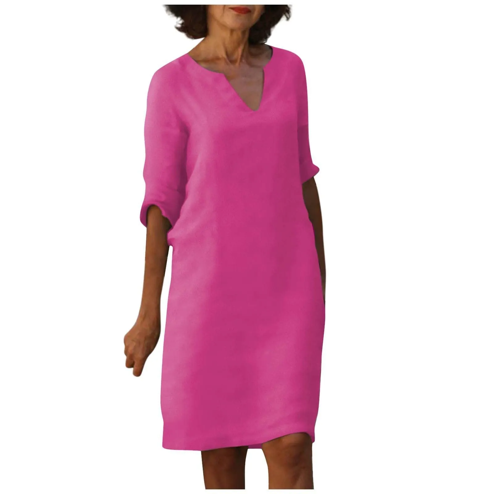 Nora || Cotton And Linen V-neck Dress Summer Stitching Retro High Waist Pure Color Dresses