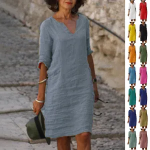 Nora || Cotton And Linen V-neck Dress Summer Stitching Retro High Waist Pure Color Dresses