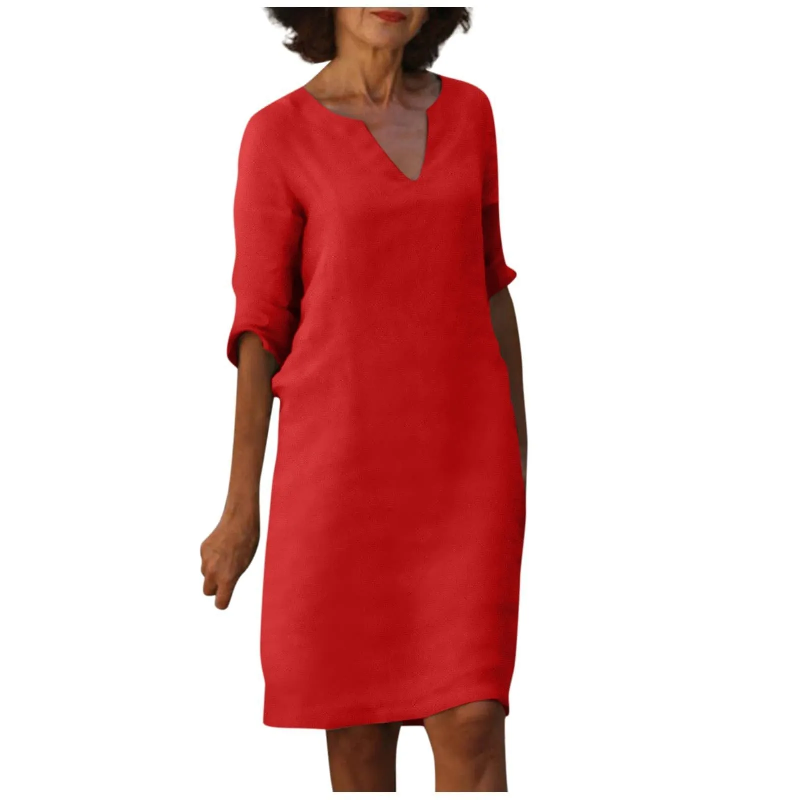 Nora || Cotton And Linen V-neck Dress Summer Stitching Retro High Waist Pure Color Dresses