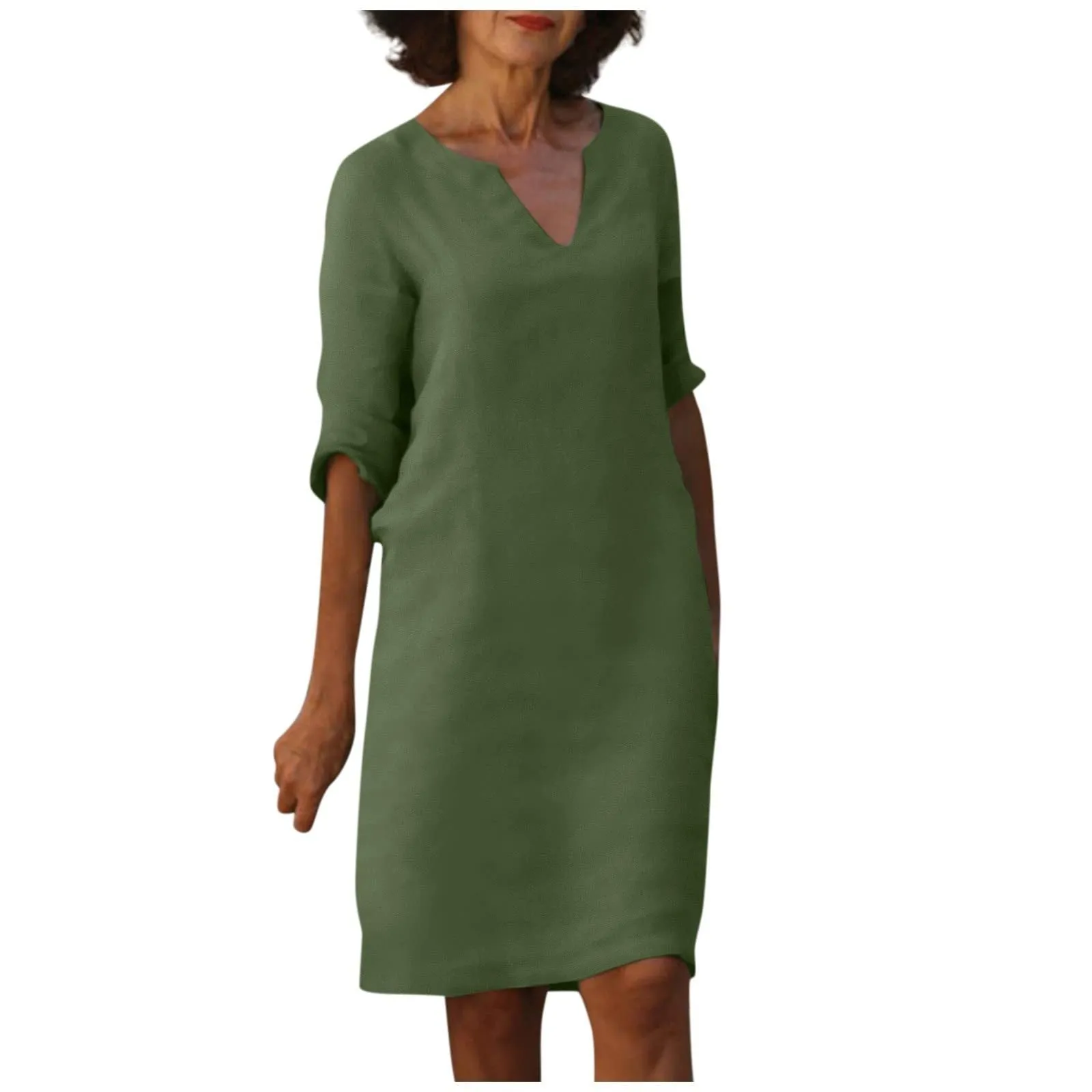 Nora || Cotton And Linen V-neck Dress Summer Stitching Retro High Waist Pure Color Dresses