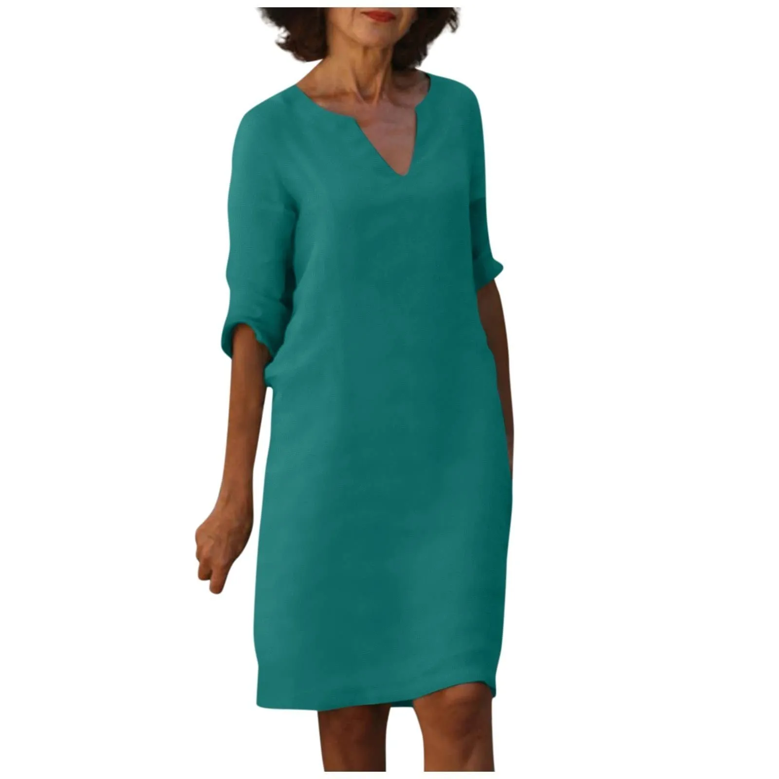 Nora || Cotton And Linen V-neck Dress Summer Stitching Retro High Waist Pure Color Dresses