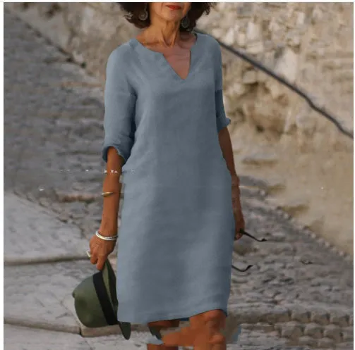 Nora || Cotton And Linen V-neck Dress Summer Stitching Retro High Waist Pure Color Dresses