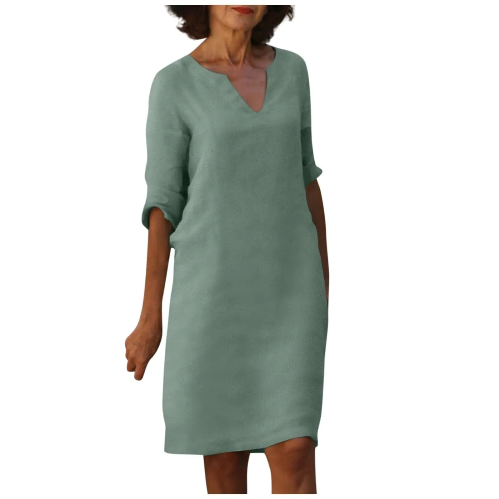 Nora || Cotton And Linen V-neck Dress Summer Stitching Retro High Waist Pure Color Dresses