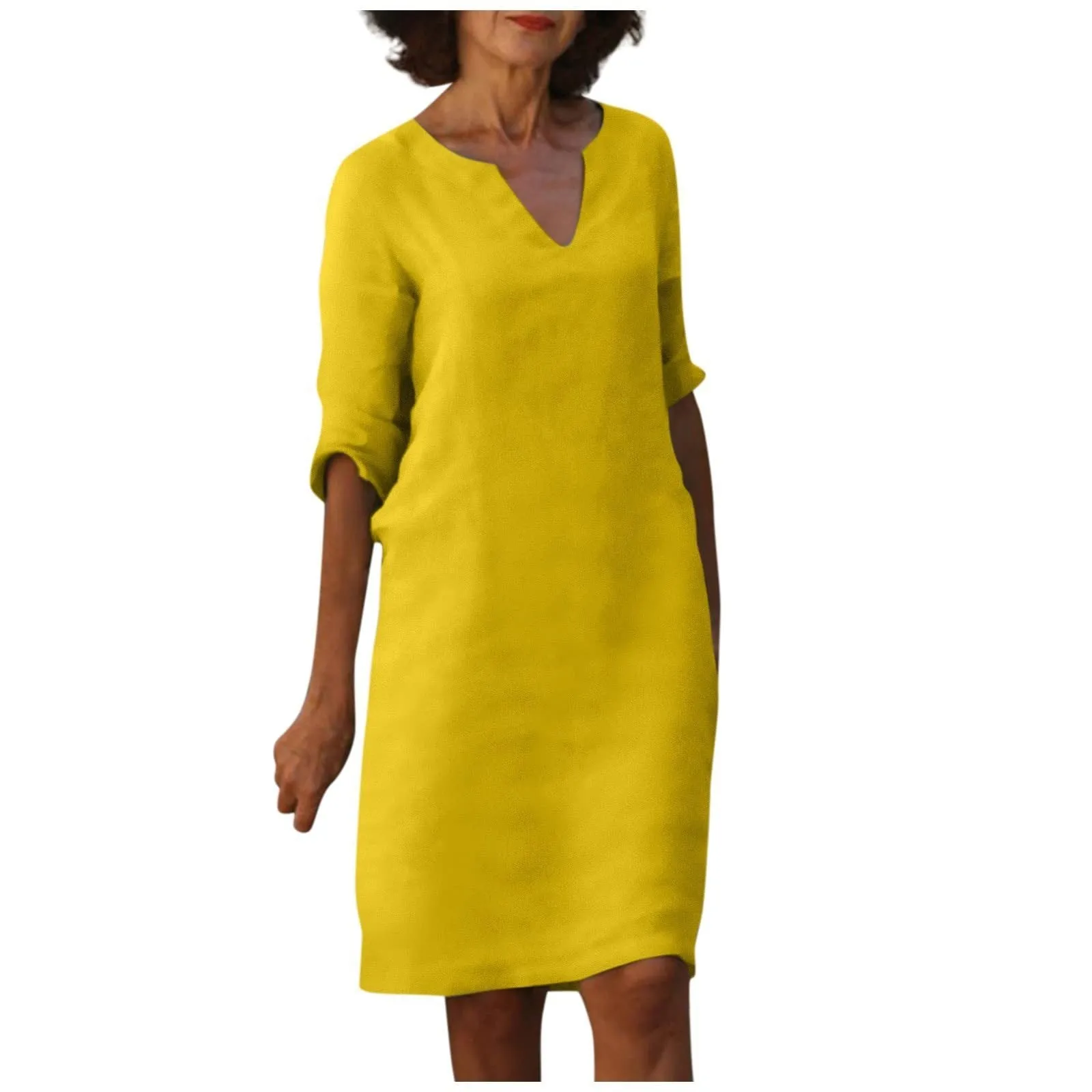 Nora || Cotton And Linen V-neck Dress Summer Stitching Retro High Waist Pure Color Dresses