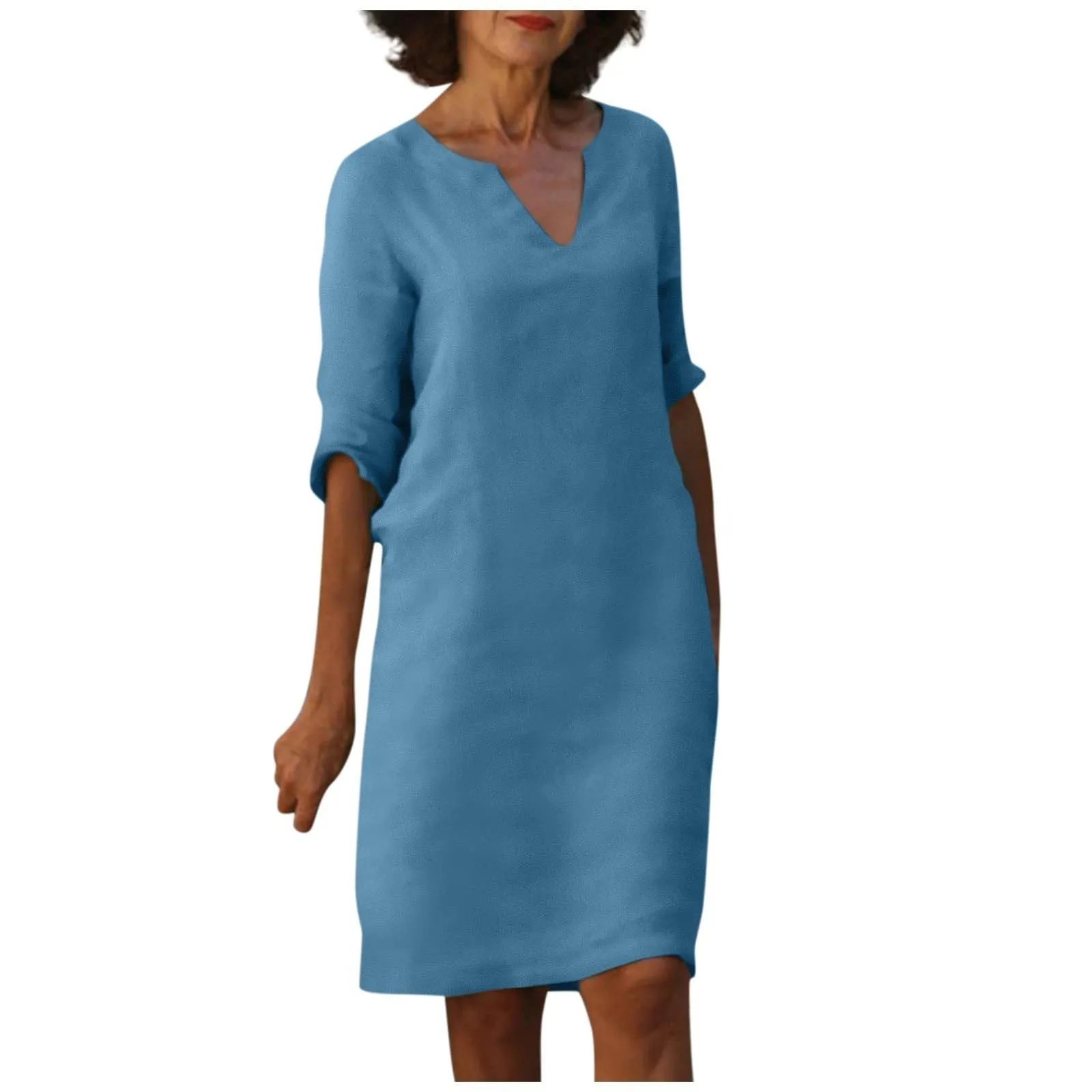 Nora || Cotton And Linen V-neck Dress Summer Stitching Retro High Waist Pure Color Dresses