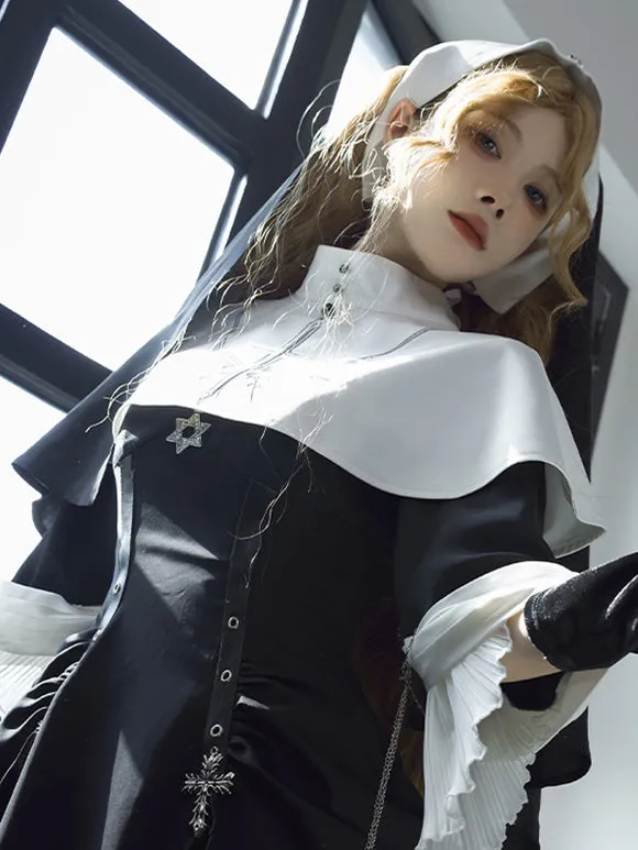 Nun Aesthetics Dark Gothic Lolita Dress Nun Style Gothic Lolita Dresses Metal Details Ruched Cross